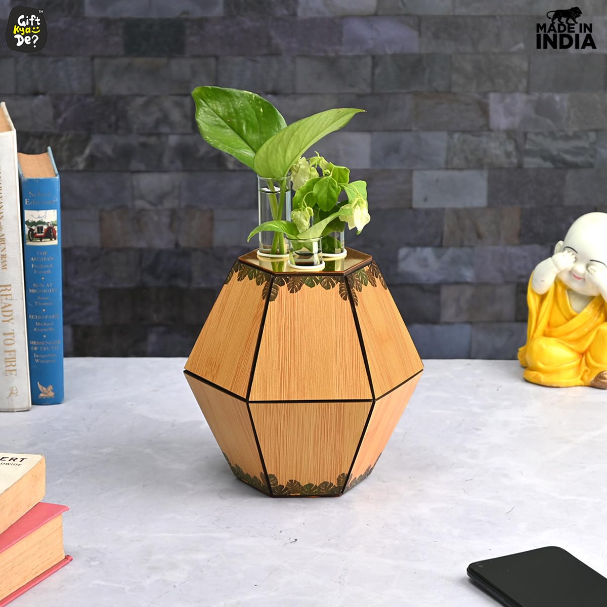 Test Tube Planter with Wooden Holder / Calendar 2025, Table Top Decor Planters | Hexagon Design | Corporate Gifts