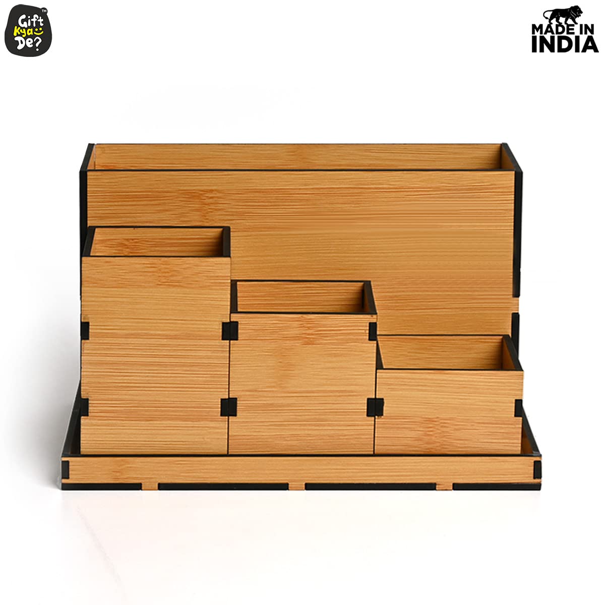 Wooden Multipurpose Desk Organizer | Table Clock | 4 Compartment Organizer
