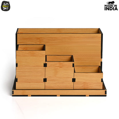 Wooden Multipurpose Desk Organizer | Table Clock | 4 Compartment Organizer