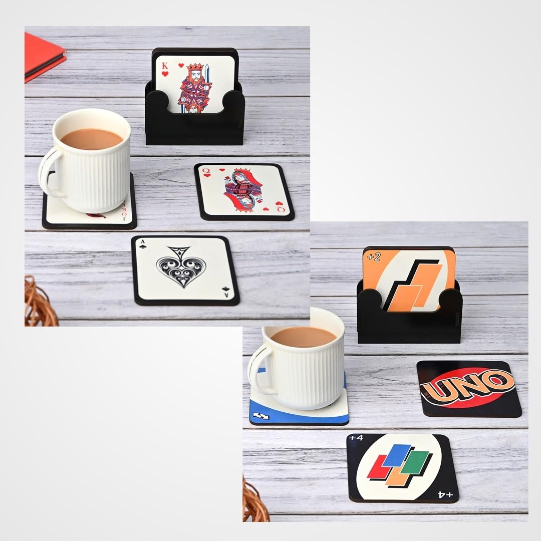Coaster Set of 12 | Wooden Square Coasters with Proper Coaster Stand | Designer Coaster Set