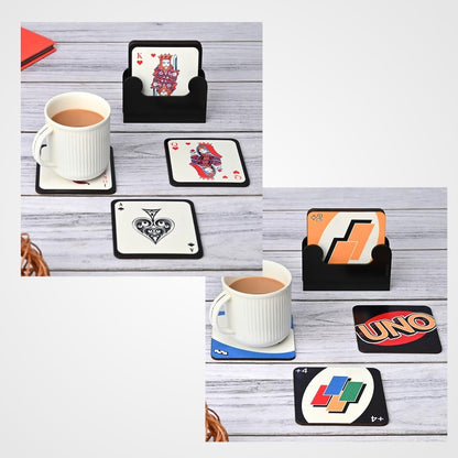 Coaster Set of 12 | Wooden Square Coasters with Proper Coaster Stand | Designer Coaster Set