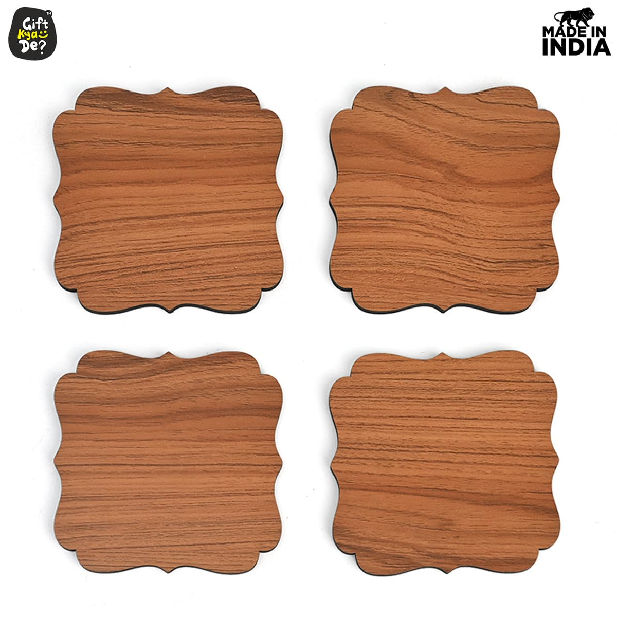 Coaster Set Maharaja & Natural Design | Premium Wooden Table Coasters with Anti Slip Grip | 4 pc Wooden Coasters (4 x 4 inch)