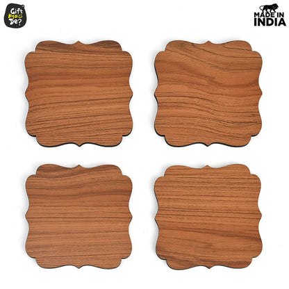Coaster Set Maharaja & Natural Design | Premium Wooden Table Coasters with Anti Slip Grip | 4 pc Wooden Coasters (4 x 4 inch)