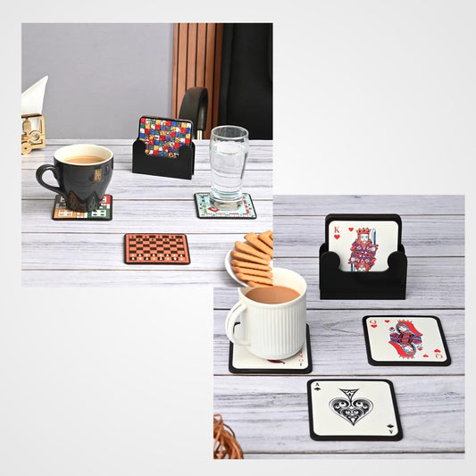 Coaster Set of 12 | Wooden Square Coasters with Proper Coaster Stand | Designer Coaster Set
