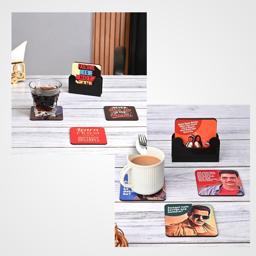 Coaster Set of 12 | Wooden Square Coasters with Proper Coaster Stand | Designer Coaster Set