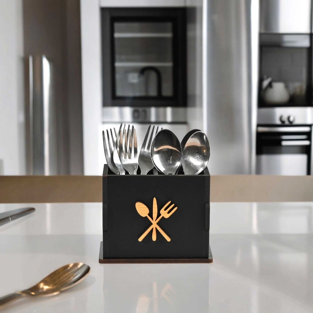 2 Compartments Wooden Cutlery Stand for Kitchen & Dining Table | Spoon, Knife & Fork Holder