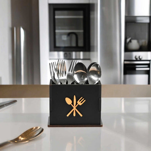 2 Compartments Wooden Cutlery Stand for Kitchen & Dining Table | Spoon, Knife & Fork Holder