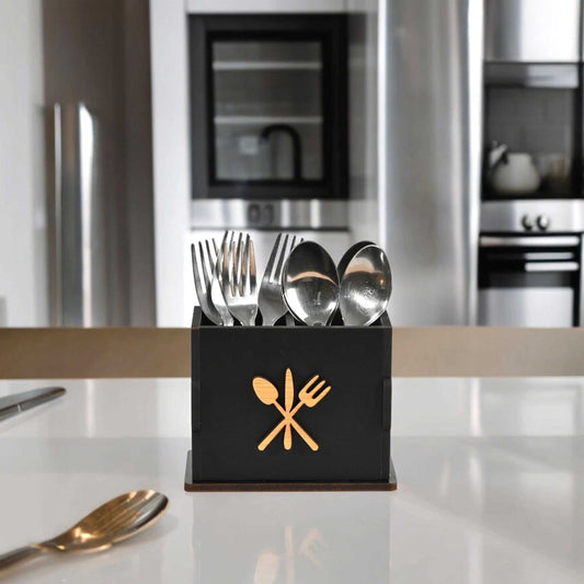 2 Compartments Wooden Cutlery Stand for Kitchen & Dining Table | Spoon, Knife & Fork Holder
