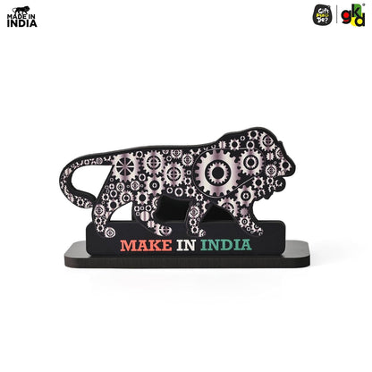 Make In India Themed Visiting Card Stand, Decorative Lion Gear Pattern Design