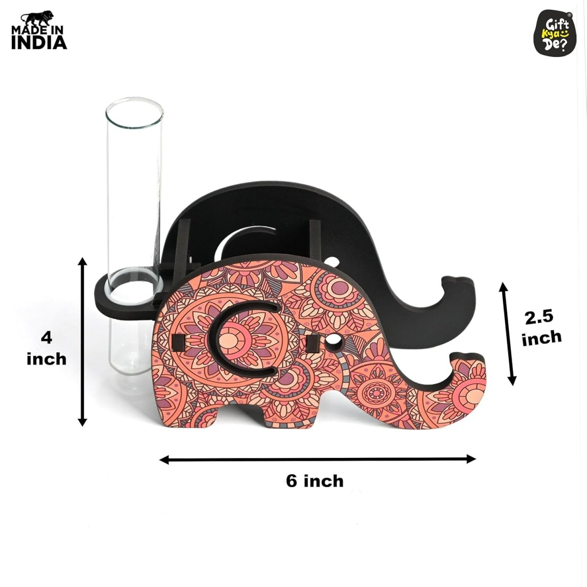 Elephant Shaped Wooden Pen Holder & Mobile Stand | Mandala Art Design | Also with Test Tube Planter