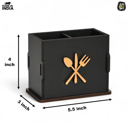 2 Compartments Wooden Cutlery Stand for Kitchen & Dining Table | Spoon, Knife & Fork Holder