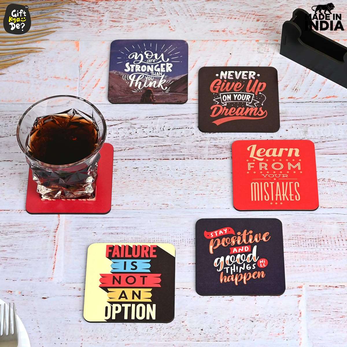 Coaster Set of 12 | Wooden Square Coasters with Proper Coaster Stand | Designer Coaster Set