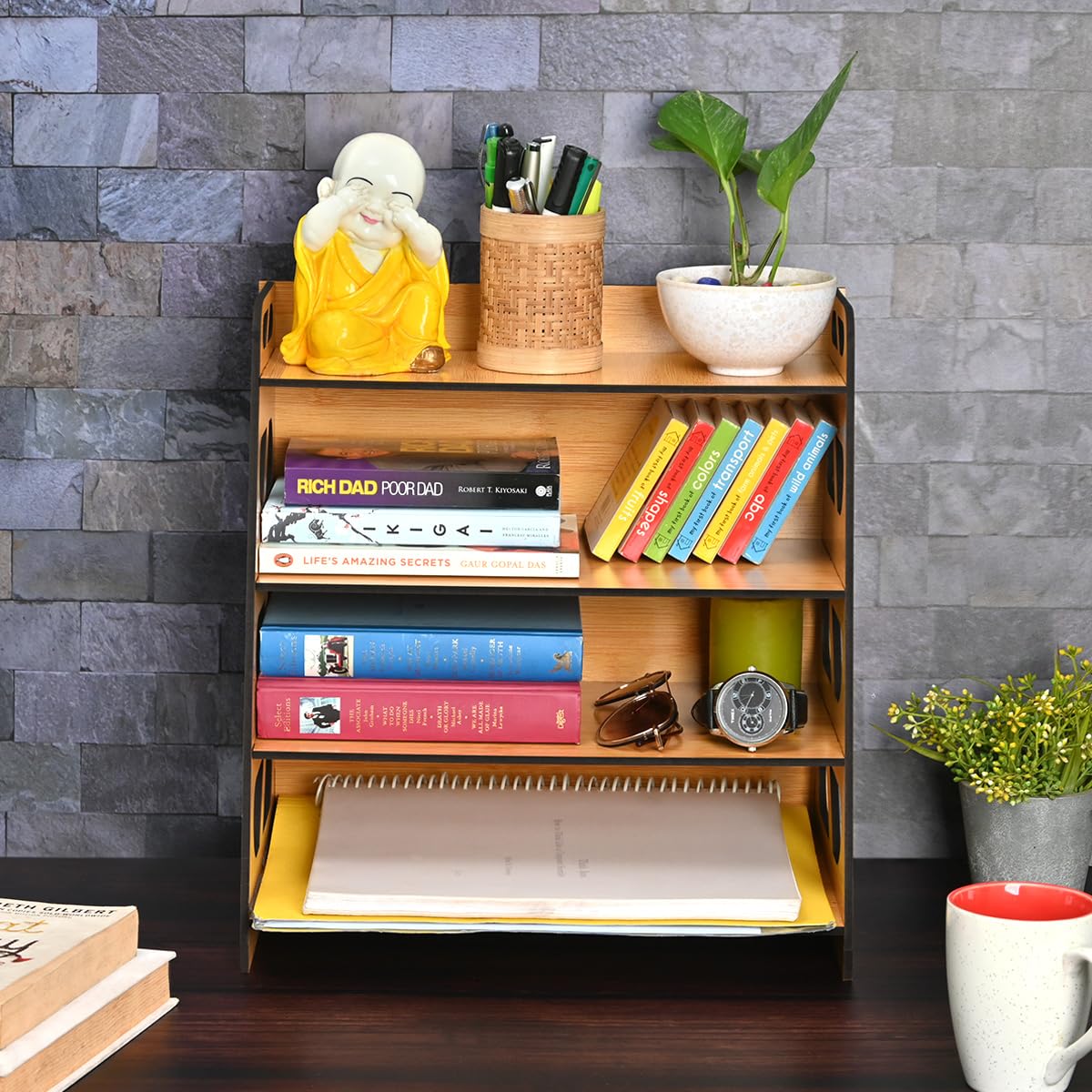 Book Rack 4 Layer Wooden Book Stand for Table | Multipurpose Home Decor Storage Rack & Book Shelf for Wall (DIY)