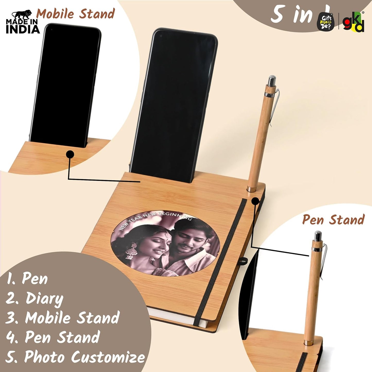 Wooden Diary with Mobile & Pen Stand | Customized Printed Photo/Logo or Motivational Quotes (Non-Customizable)