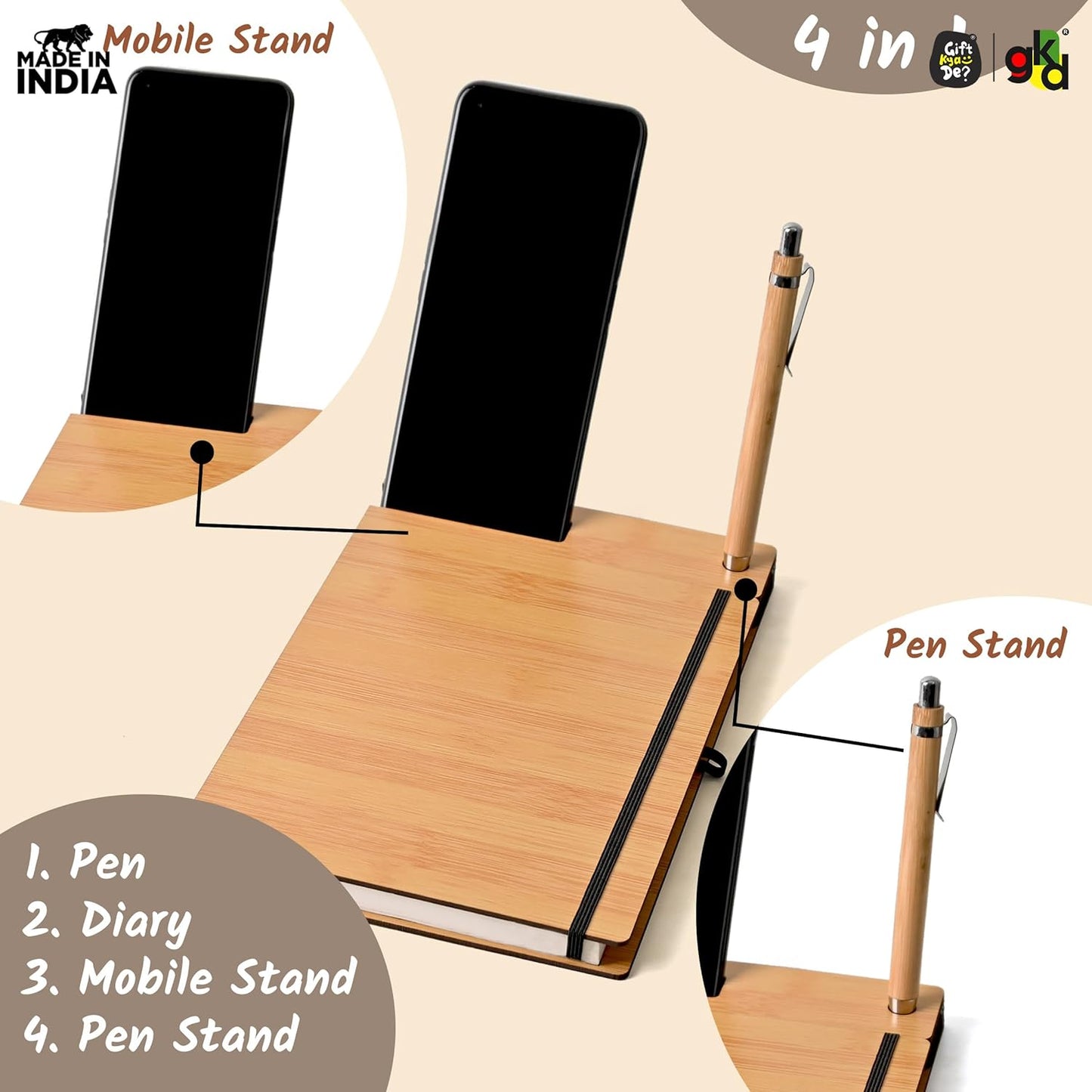 Wooden Smart Diary with Mobile Holder & Pen Stand | Includes Wooden Pen | Useful Gift For Office, Corporate & Personal Use