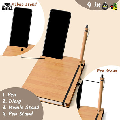 Wooden Smart Diary with Mobile Holder & Pen Stand | Includes Wooden Pen | Useful Gift For Office, Corporate & Personal Use
