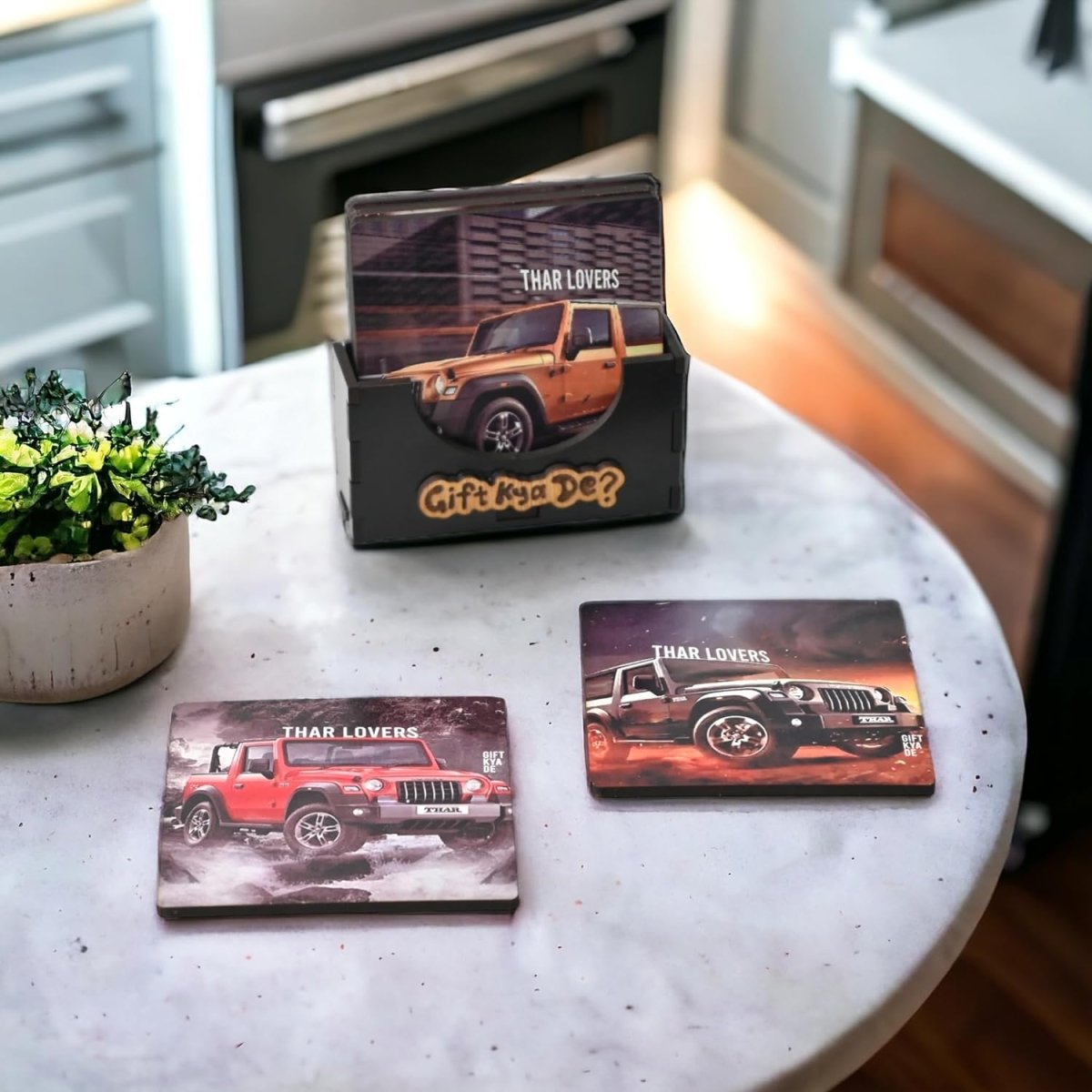 Coaster Set of 6 Bullet Bike & Thar Car Lover | Gifts with Proper Coaster Stand | Set fit for Tea Cups, Coffee Mugs and Glasses (Square 3.8 X 3.8 Inch)