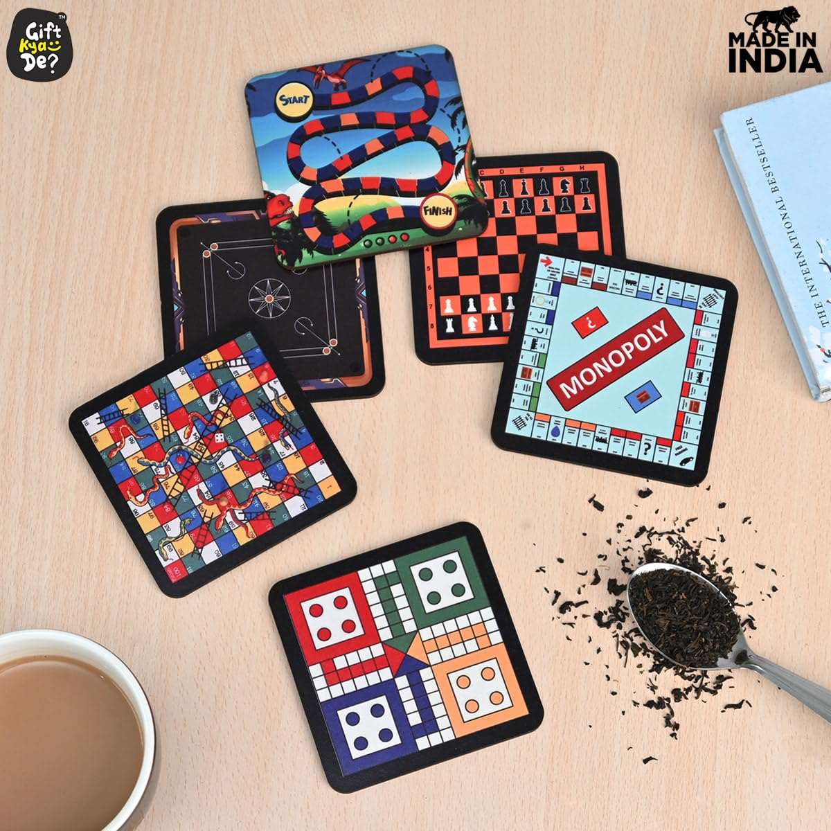 Coaster Set of 12 | Wooden Square Coasters with Proper Coaster Stand | Designer Coaster Set