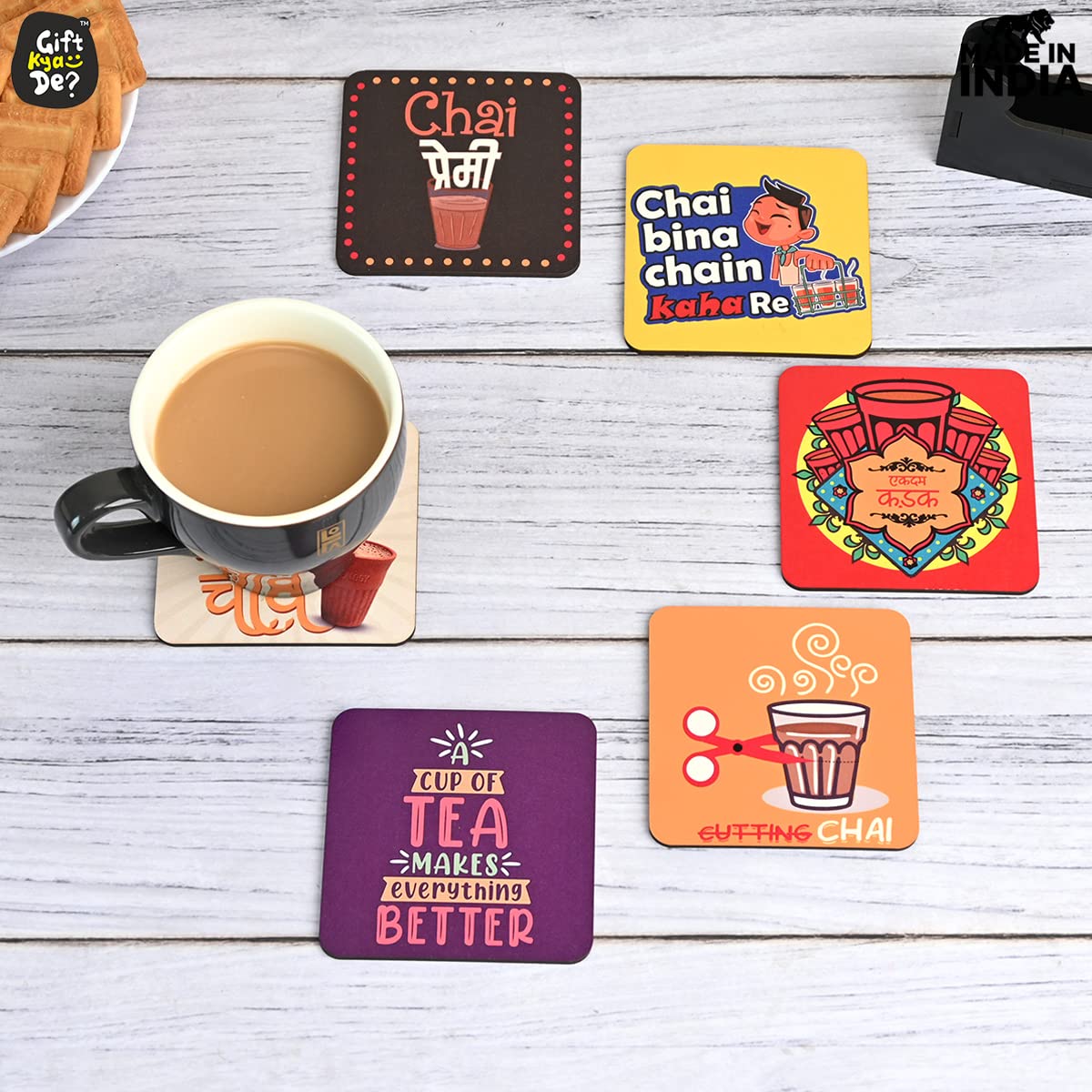Coaster Set of 12 | Wooden Square Coasters with Proper Coaster Stand | Designer Coaster Set
