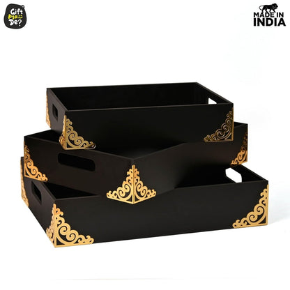 Wooden Tray Set of 3 Premium Baskets for Gift Packing Also Dry Fruits Tray for Serving Chocolates Sweets Cookies, Festival hampers Gift Trays for Wedding (3pc 16x12 14x11 12x9 inch)