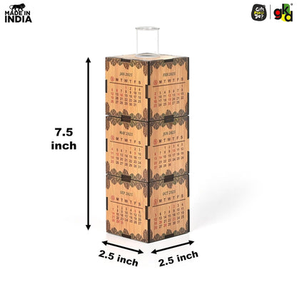 3-Cube Wooden Desk Calendar 2025 with Test Tube Planter | Desk Organizer for Home, Office & Corporate Gifting
