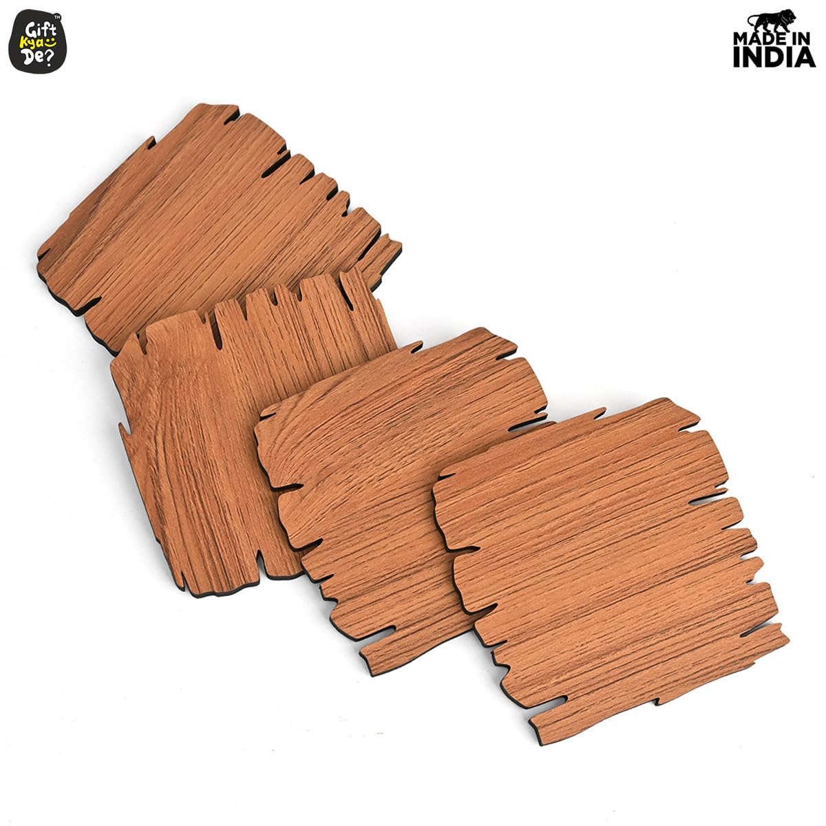 Coaster Set Maharaja & Natural Design | Premium Wooden Table Coasters with Anti Slip Grip | 4 pc Wooden Coasters (4 x 4 inch)