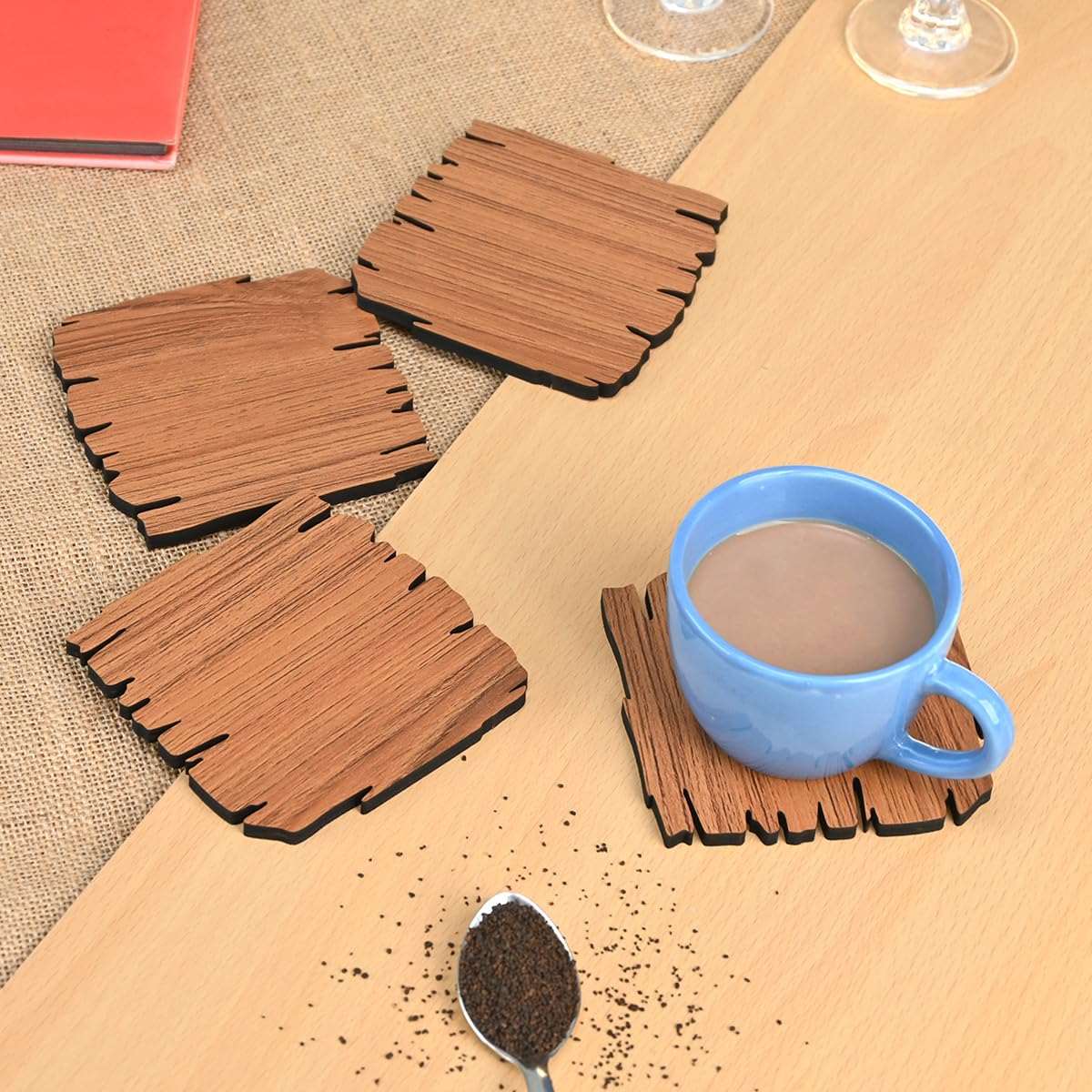 Coaster Set Maharaja & Natural Design | Premium Wooden Table Coasters with Anti Slip Grip | 4 pc Wooden Coasters (4 x 4 inch)