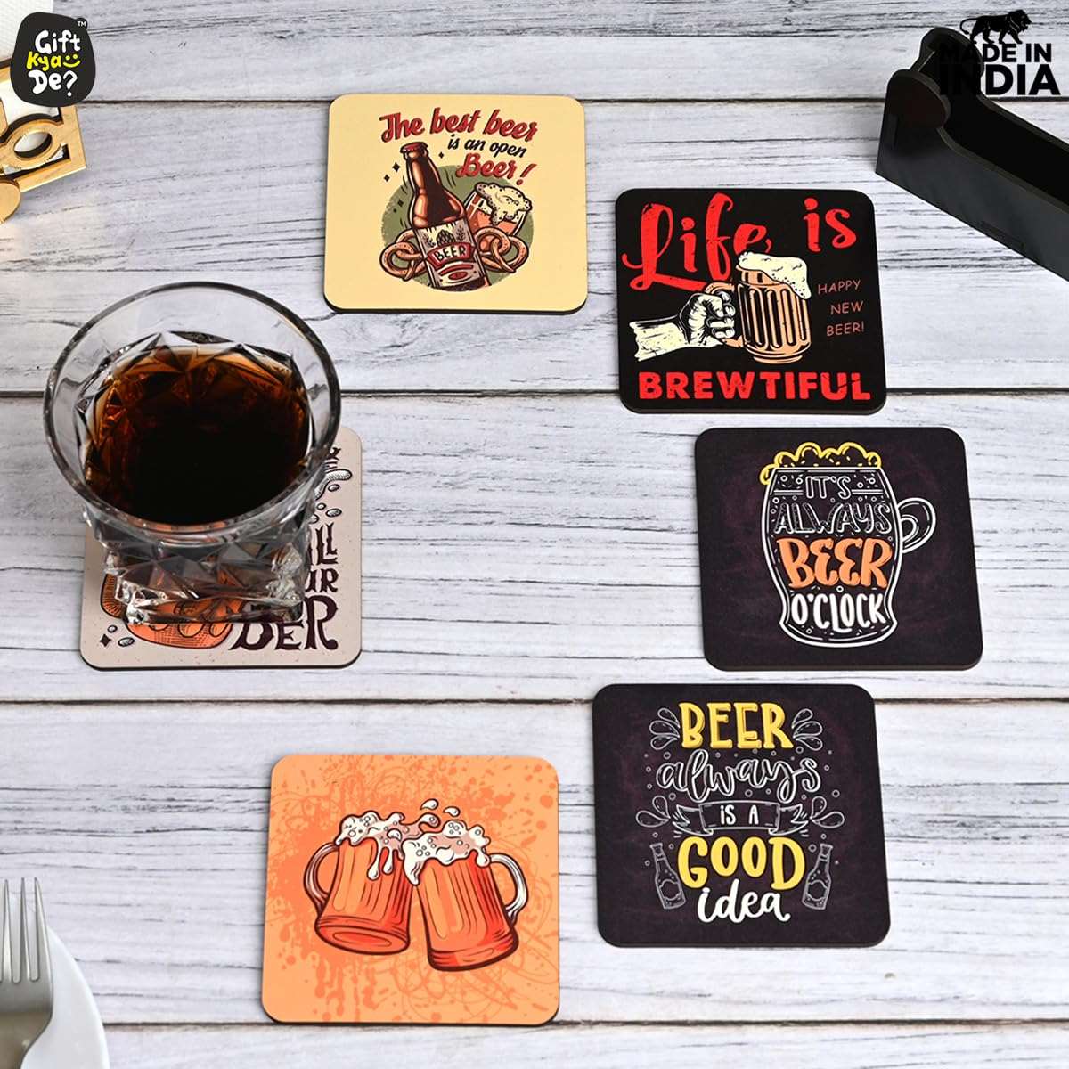 Coaster Set of 12 | Wooden Square Coasters with Proper Coaster Stand | Designer Coaster Set