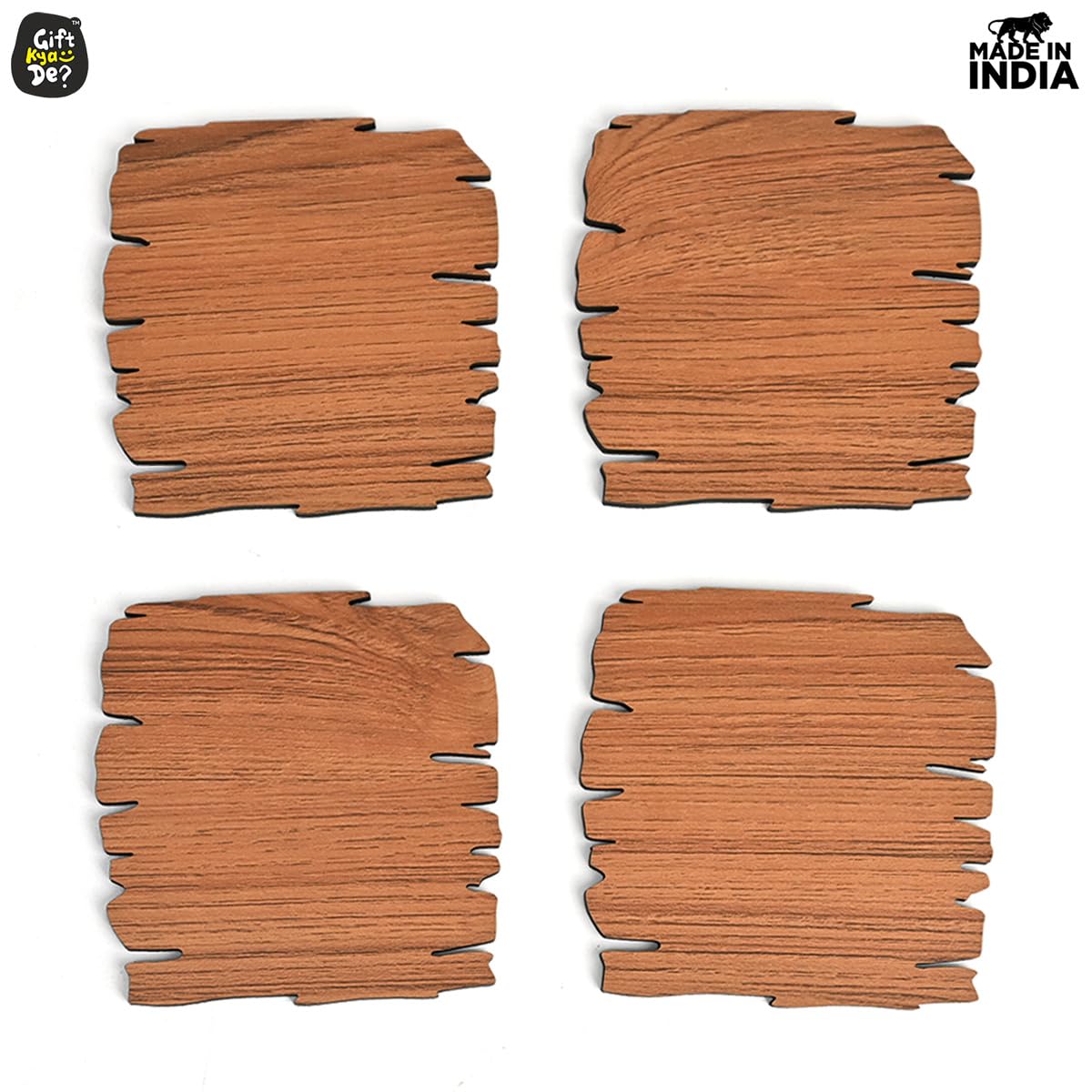Coaster Set Maharaja & Natural Design | Premium Wooden Table Coasters with Anti Slip Grip | 4 pc Wooden Coasters (4 x 4 inch)