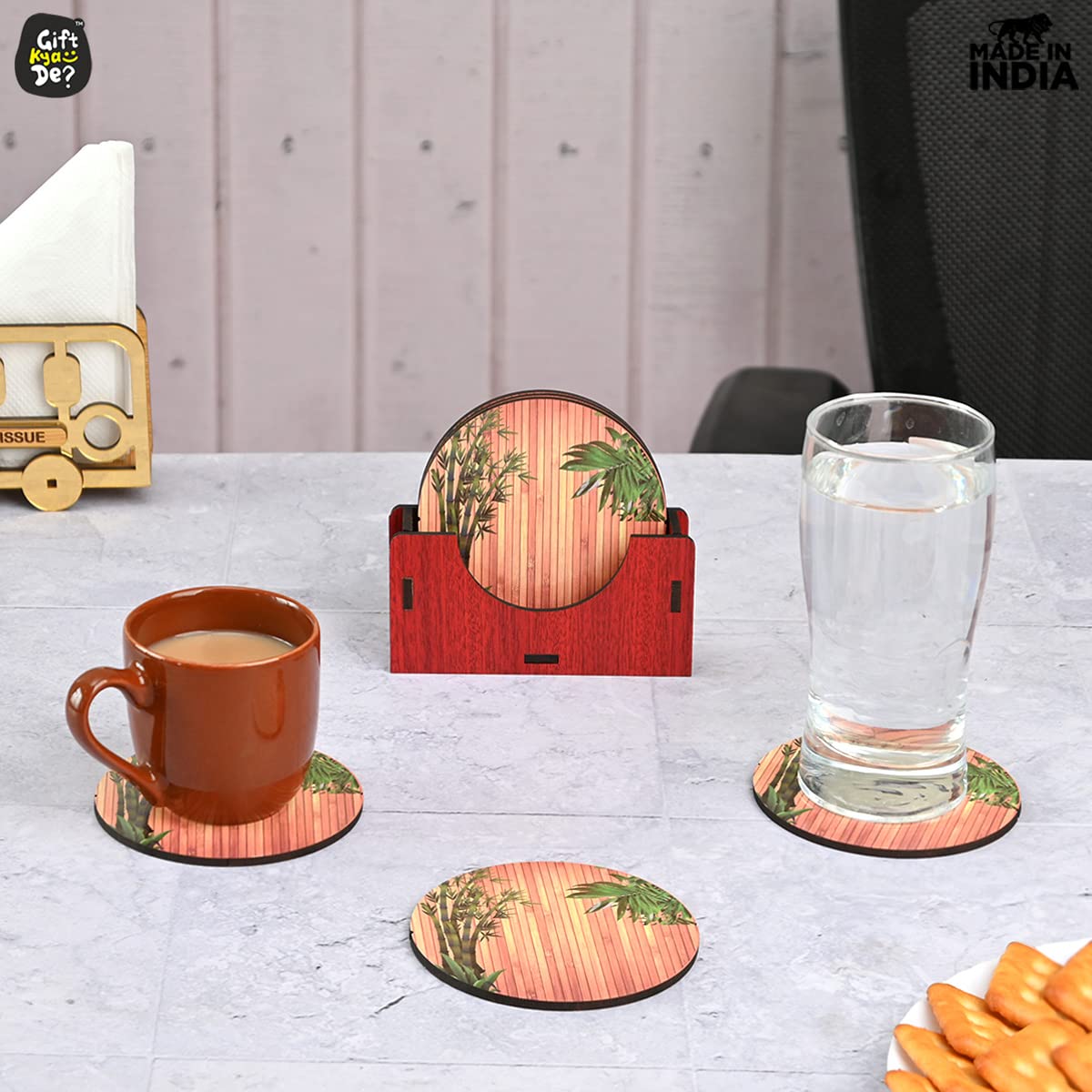 Coaster Set of 6 Natural Wooden Bamboo Tree Style | Coasters with Beautiful Coaster Stand