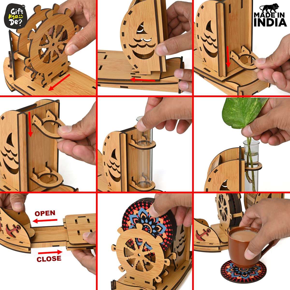 Boat Shape Coaster Stand With Set of 6 Coaster & Cute Test Tube Planter