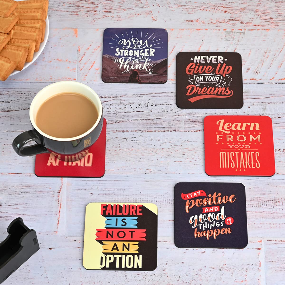 Square Quotes Coaster Set of 6 With Coaster Stand | Quotes Coaster Set fit for Tea Cups and Coffee Mugs Also Coffee Lover Gifts