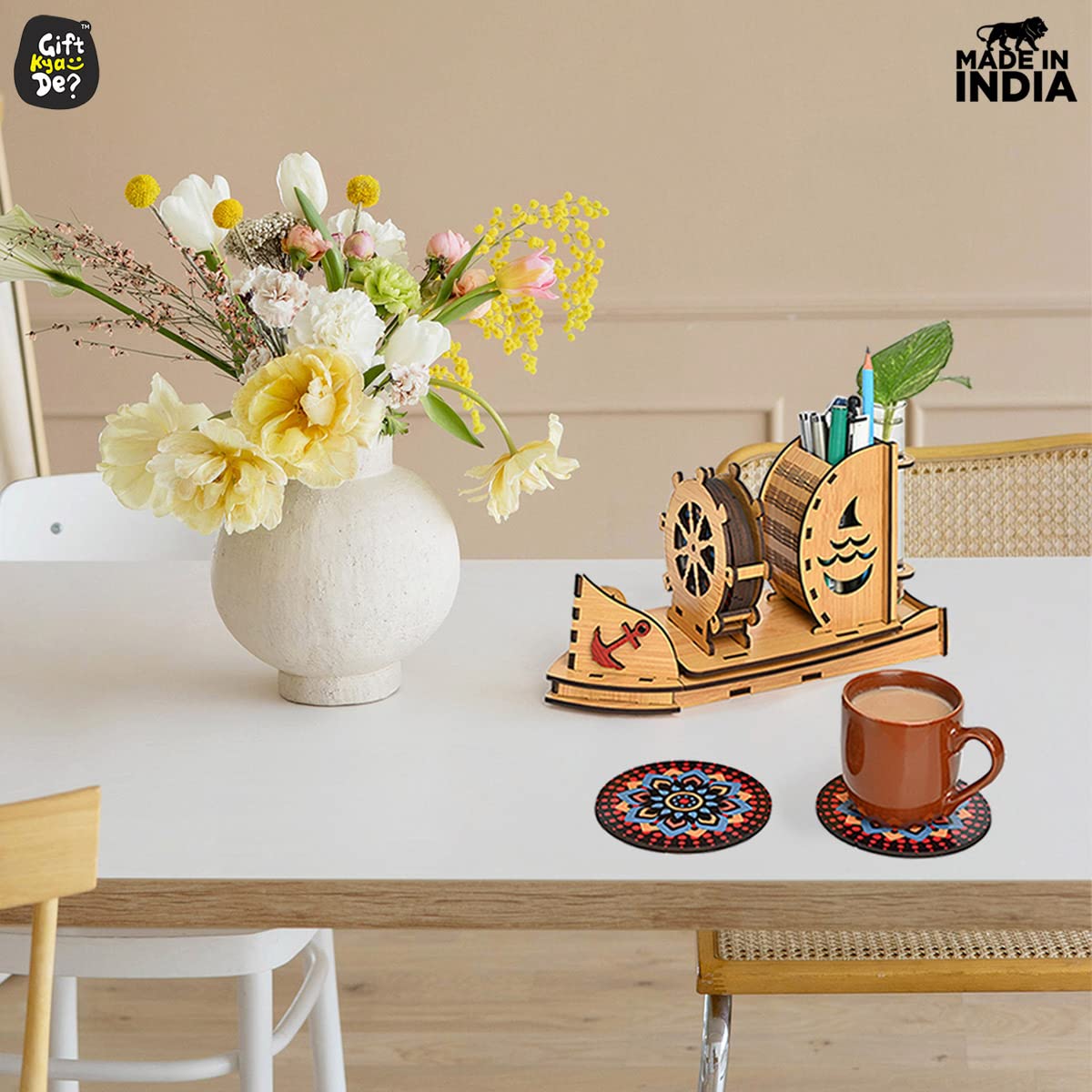 Boat Shape Coaster Stand With Set of 6 Coaster & Cute Test Tube Planter