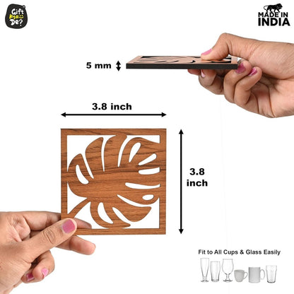 Coaster Set of 6 Leaf Cutwork Design | Wooden Coasters to Serve Tea Cups, Coffee Mugs and Glasses