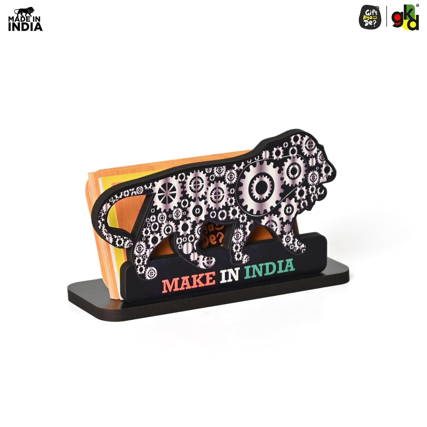 Make In India Themed Visiting Card Stand, Decorative Lion Gear Pattern Design
