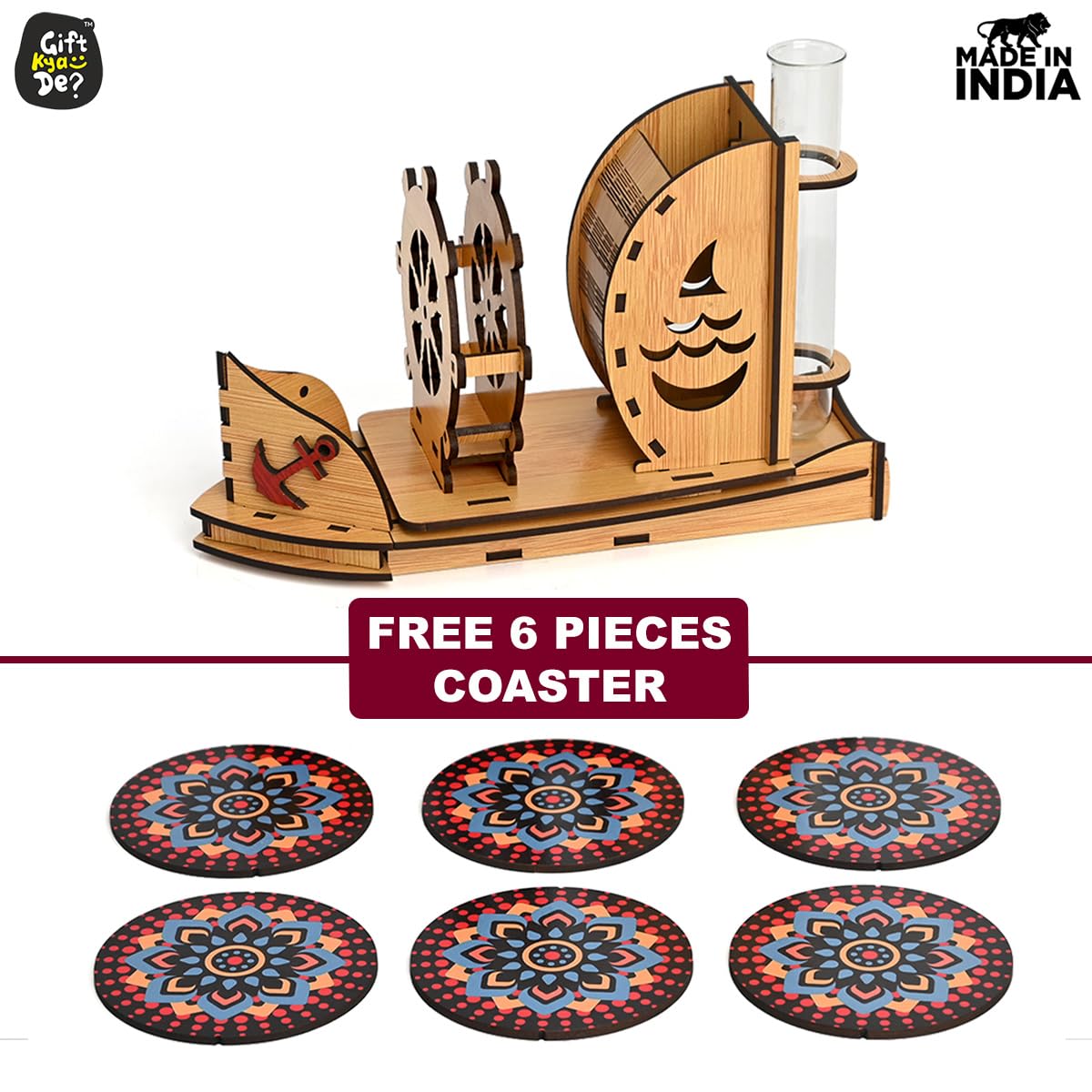 Boat Shape Coaster Stand With Set of 6 Coaster & Cute Test Tube Planter