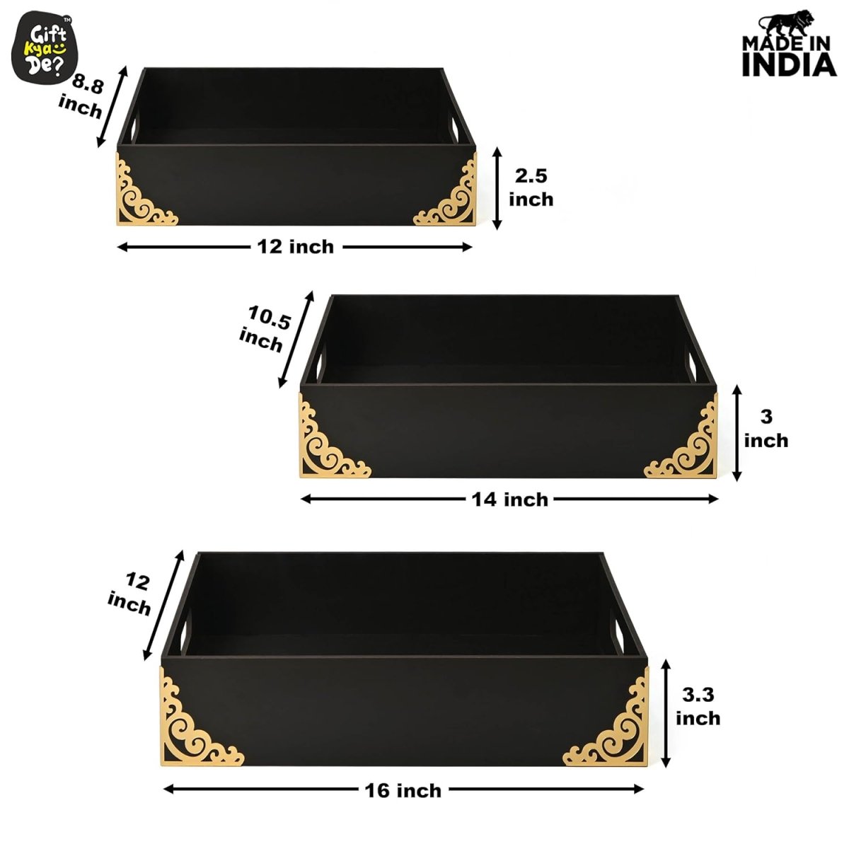 Wooden Tray Set of 3 Premium Baskets for Gift Packing Also Dry Fruits Tray for Serving Chocolates Sweets Cookies, Festival hampers Gift Trays for Wedding (3pc 16x12 14x11 12x9 inch)