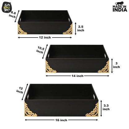 Wooden Tray Set of 3 Premium Baskets for Gift Packing Also Dry Fruits Tray for Serving Chocolates Sweets Cookies, Festival hampers Gift Trays for Wedding (3pc 16x12 14x11 12x9 inch)