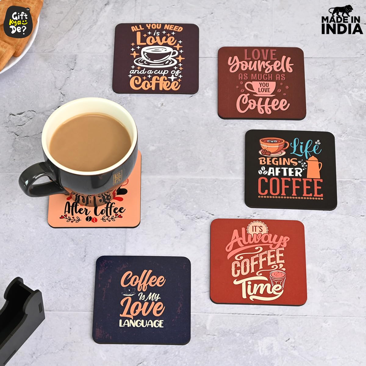 Coaster Set of 12 | Wooden Square Coasters with Proper Coaster Stand | Designer Coaster Set