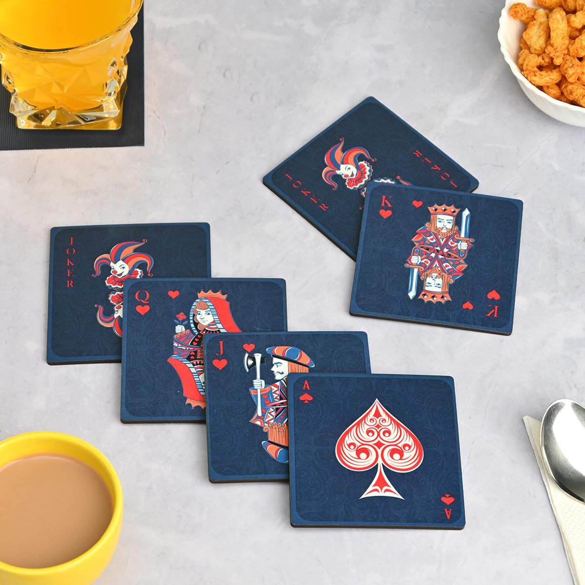 Square Coaster Set of 6 with Proper Coaster Stand | Designer Coaster Set fit for Tea Cups, Coffee Mugs and Glasses
