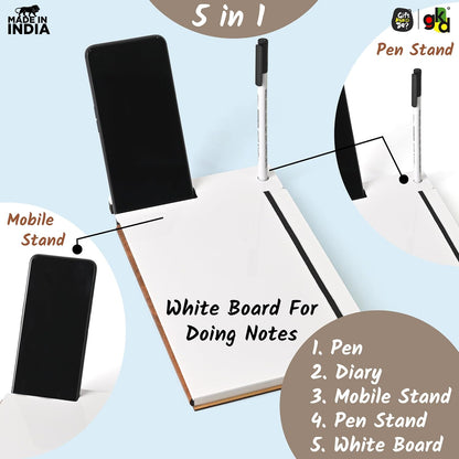 Wooden Smart Diary with White Board & Marker | A5 Notebook with Mobile & Pen Stand | Personal Use, Office & Corporate Gift