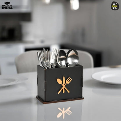 2 Compartments Wooden Cutlery Stand for Kitchen & Dining Table | Spoon, Knife & Fork Holder