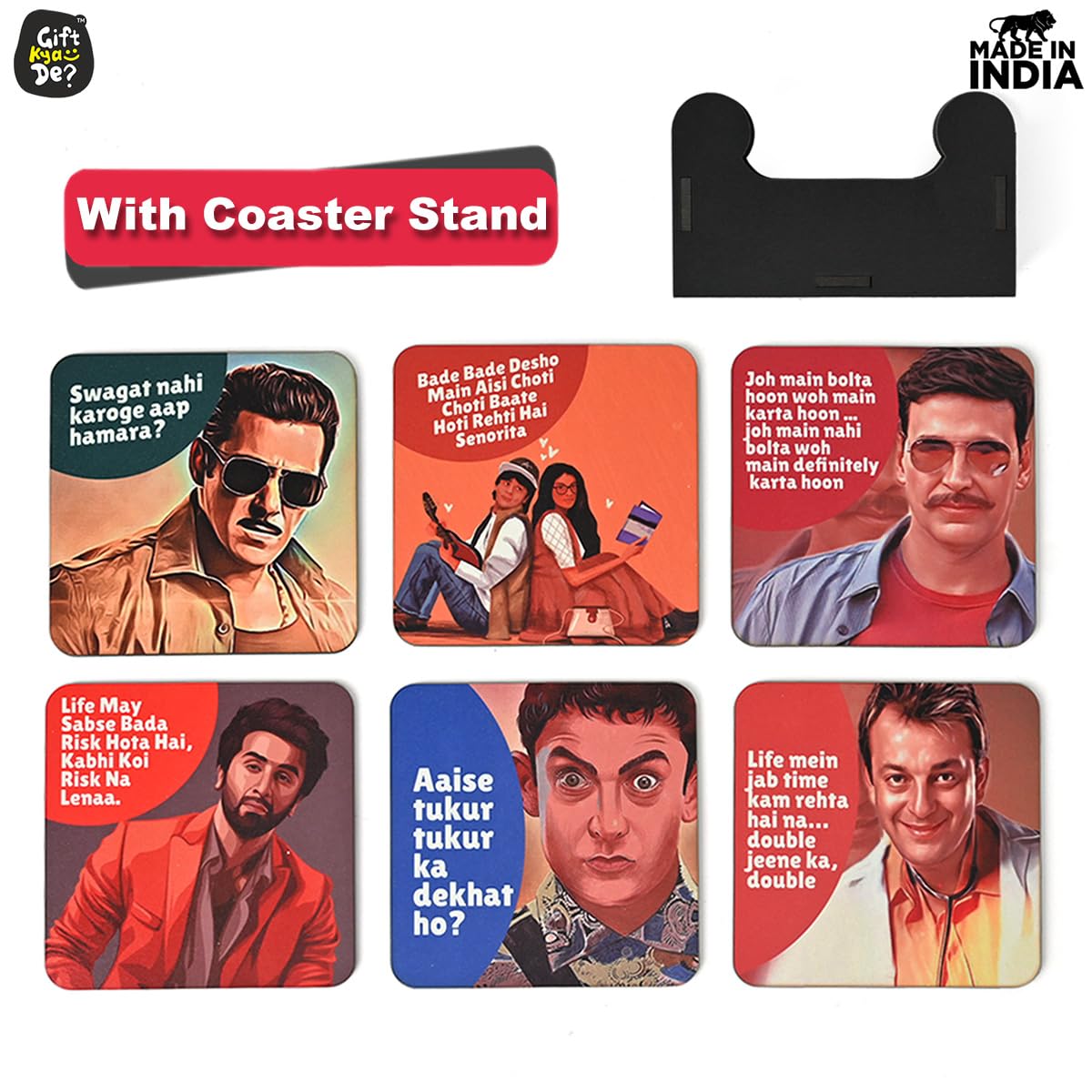 Coaster Set of 12 | Wooden Square Coasters with Proper Coaster Stand | Designer Coaster Set