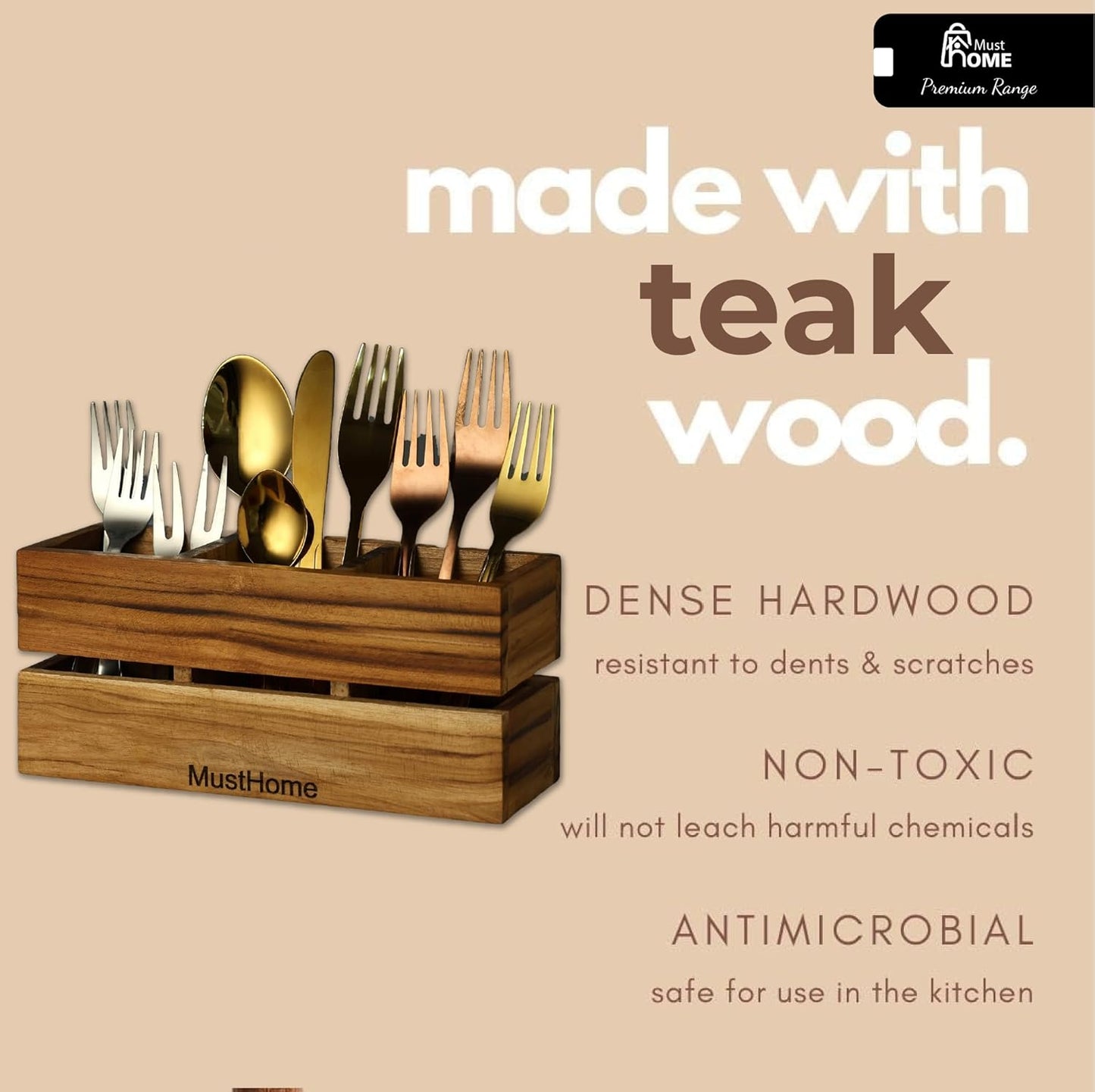 MustHome Premium Spoon stand for kitchen Wooden Cutlery Holder| 9.1X3X3.9 inc