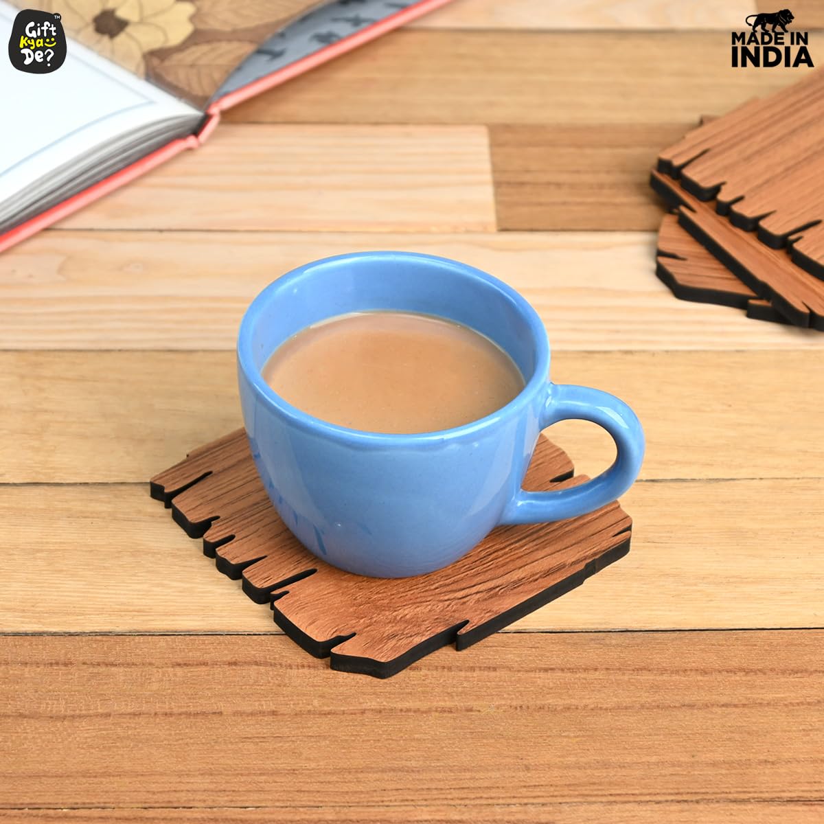 Coaster Set Maharaja & Natural Design | Premium Wooden Table Coasters with Anti Slip Grip | 4 pc Wooden Coasters (4 x 4 inch)