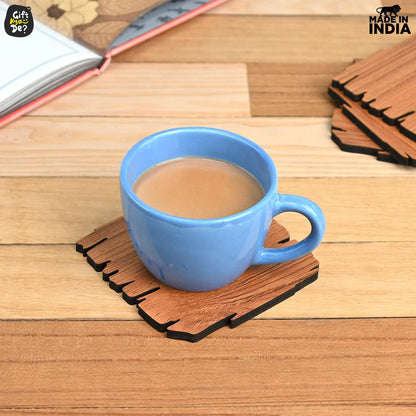 Coaster Set Maharaja & Natural Design | Premium Wooden Table Coasters with Anti Slip Grip | 4 pc Wooden Coasters (4 x 4 inch)