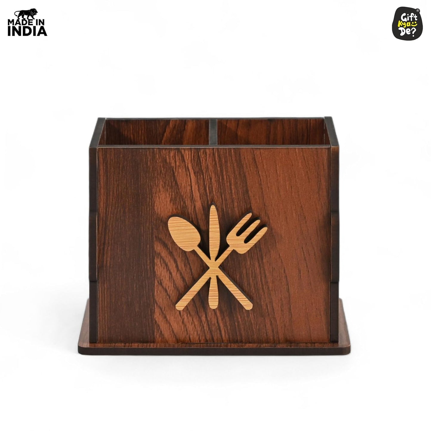 2 Compartments Wooden Cutlery Stand for Kitchen & Dining Table | Spoon, Knife & Fork Holder