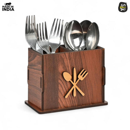 2 Compartments Wooden Cutlery Stand for Kitchen & Dining Table | Spoon, Knife & Fork Holder