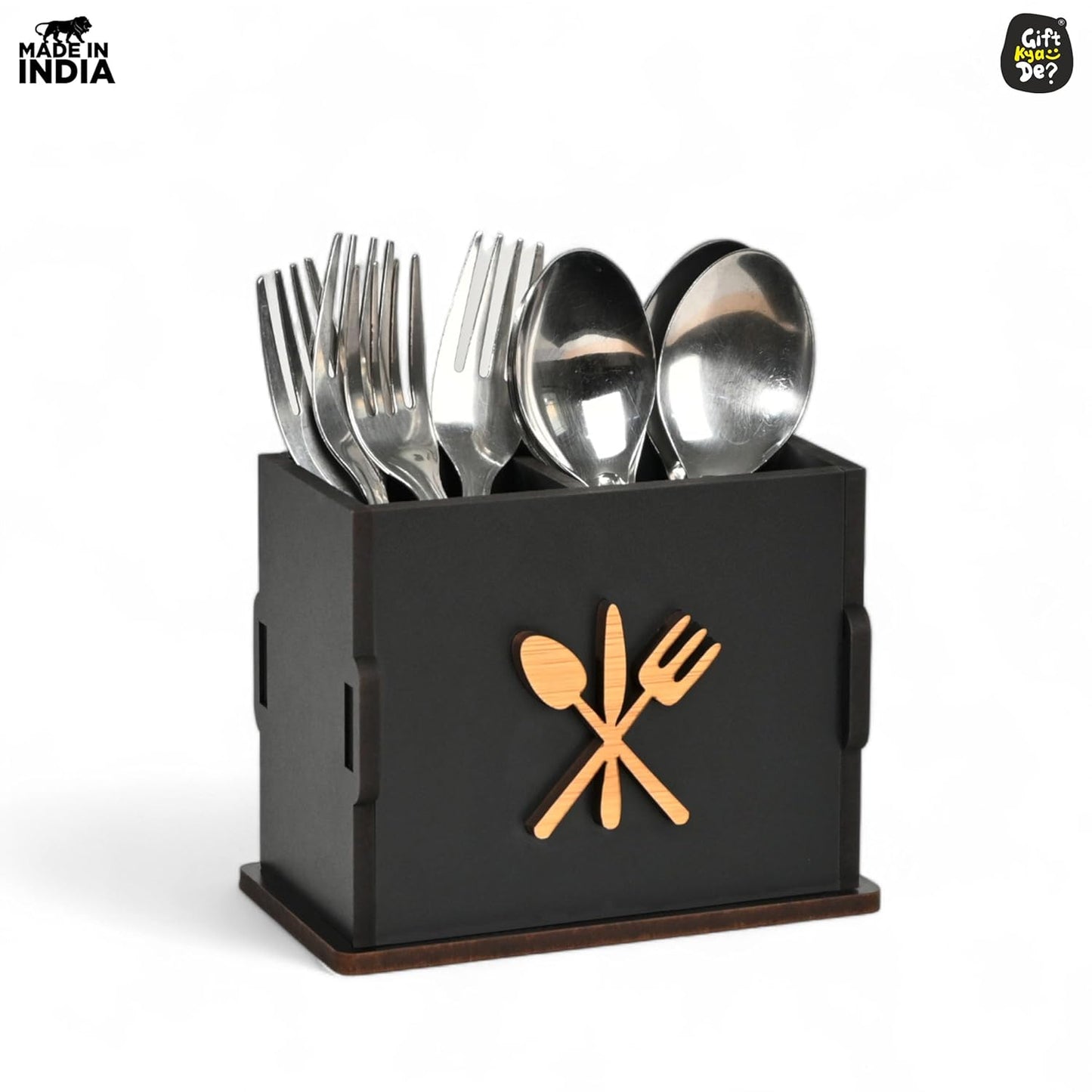 2 Compartments Wooden Cutlery Stand for Kitchen & Dining Table | Spoon, Knife & Fork Holder