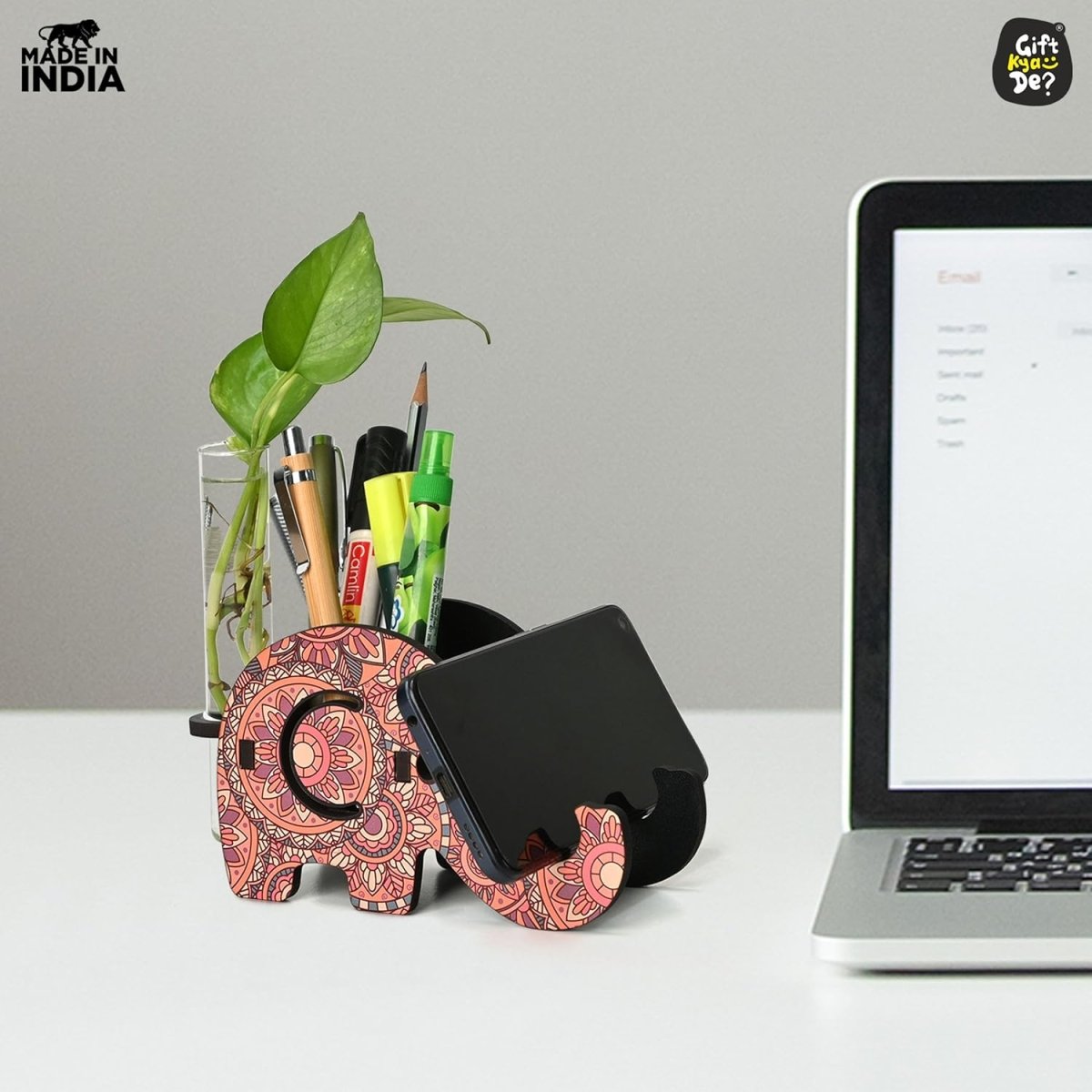 Elephant Shaped Wooden Pen Holder & Mobile Stand | Mandala Art Design | Also with Test Tube Planter